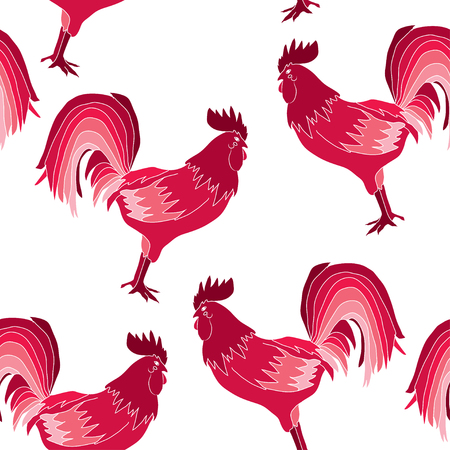 Elegant seamless pattern with abstract red roosters, design element. Can be used for invitations, greeting cards, scrapbooking, print, gift wrap, manufacturing. Bird theme. New Year 2017 symbolのイラスト素材