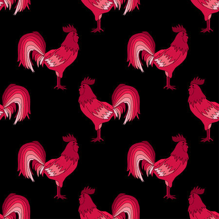 Elegant seamless pattern with abstract red roosters, design element. Can be used for invitations, greeting cards, scrapbooking, print, gift wrap, manufacturing. Bird theme. New Year 2017 symbolのイラスト素材