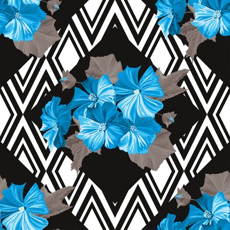 Elegant seamless pattern with hand drawn decorative hibiscus flowers, design elements. Floral pattern for wedding invitations, greeting cards, scrapbooking, print, gift wrap, manufacturing.のイラスト素材