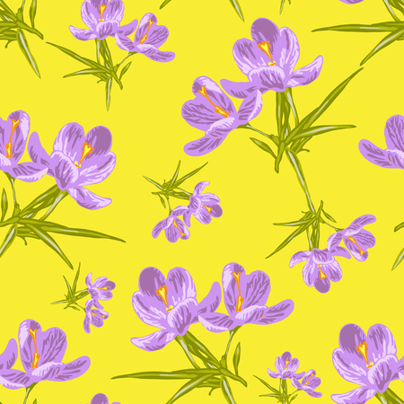 Yellow seamless pattern with hand drawn decorative crocus flowers, design elements. Floral pattern for wedding invitations, greeting cards, scrapbooking, print, gift wrap, manufacturing. Editableのイラスト素材