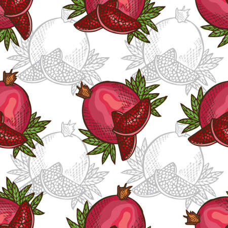 Elegant seamless pattern with hand drawn decorative pomegranates, design elements. Can be used for invitations, cards, scrapbooking, print, gift wrap, manufacturing. Food background. Editableのイラスト素材