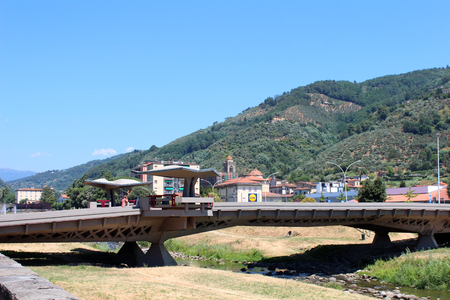 July 18, 2016, Pescia, Tuscany, Italy. River and bridge in the city center. Popular touristic european destination. Pescia city viewのeditorial素材