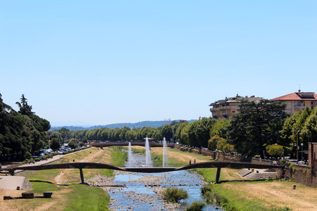 July 18, 2016, Pescia, Tuscany, Italy. River in the city center. Popular touristic european destination. Pescia city viewのeditorial素材