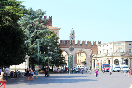 August 3, 2016, Verona, Northern Italy. Portoni della Bra and Piazza Bra. Popular touristic european destination. Verona city viewのeditorial素材
