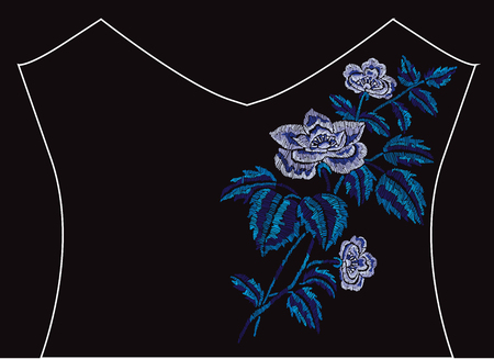 Elegant embroidery bouquet with dog rose flowers, design element. Floral composition can be used for fashion decorations, fabrics, manufacturing. Embroidery decorative flowersのイラスト素材