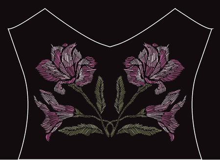 Elegant embroidery bouquet with lily flowers, design element. Floral composition can be used for fashion decorations, fabrics, manufacturing. Embroidery decorative flowersのイラスト素材