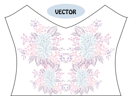 Decorative flowers in embroidery style on t-shirt or dress neck line.のイラスト素材