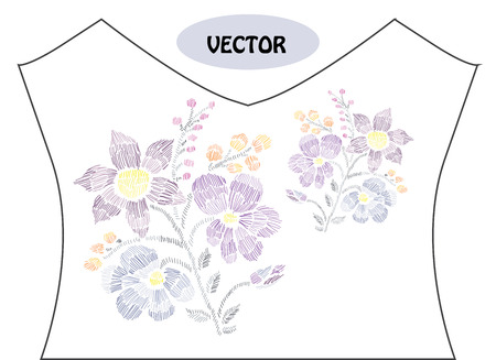 Decorative flowers in embroidery style on t-shirt or dress neck line.のイラスト素材