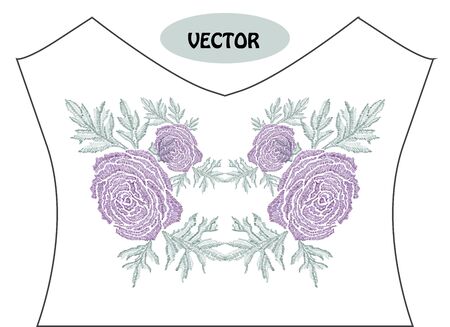 Decorative ranunculus flowers in embroidery style on t-shirt or dress neck line.のイラスト素材