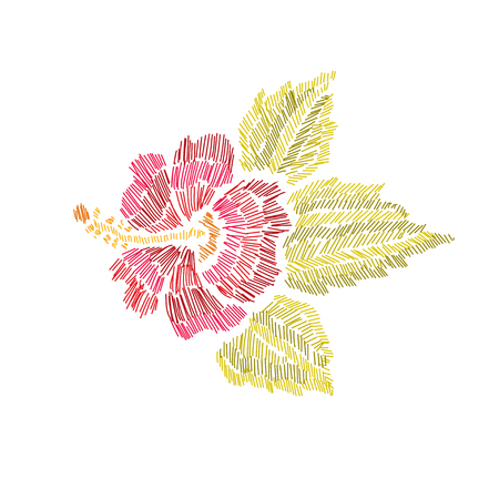 Elegant bouquet with hibiscus flowers, design element. Can be used for cards, invitations, fashion ornaments, fabrics, manufacturing, clothing design. Embroidery style decorative flowers. Editableのイラスト素材