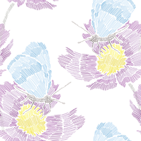 Elegant seamless pattern with hand drawn decorative flowers, design elements. Floral pattern for invitations, cards, wallpapers, print, gift wrap, manufacturing, fabrics. Embroidery styleのイラスト素材