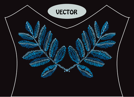 Decorative leaves in embroidery style on t-shirt or dress neck lineのイラスト素材
