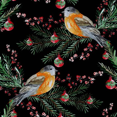 Elegant winter seamless pattern with watercolor birds and fir tree branches, design elements. Can be used for winter holiday invitations, greeting cards, scrapbooking, print, gift wrap, manufacturingの写真素材