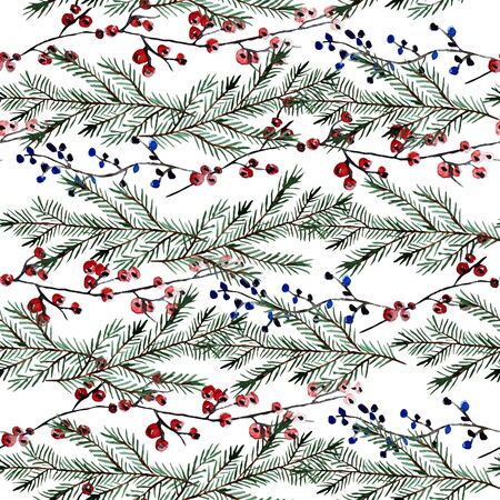 Elegant winter seamless pattern with holly berries and fir tree branches, design elements. Can be used for winter holiday invitations, greeting cards, scrapbooking, print, gift wrap, manufacturingの写真素材