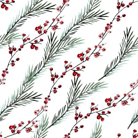 Elegant winter seamless pattern with holly berries and fir tree branches, design elements. Can be used for winter holiday invitations, greeting cards, scrapbooking, print, gift wrap, manufacturingの写真素材