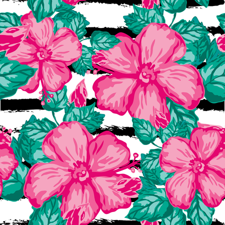 Elegant seamless pattern with hibiscus flowers, design elements.のイラスト素材