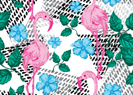 Elegant seamless pattern with flamingo birds, design elements. Floral tropical pattern for invitations, cards, print, gift wrap, manufacturing, textile, fabric, wallpapersのイラスト素材
