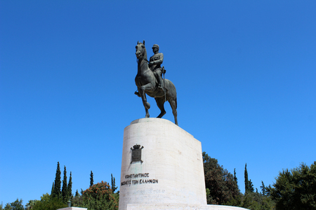 August 27, 2017, Athens, Attica, Greece. Equestrian Statue of Konstantinos I at entrance of Pedion Areos Park. Popular touristic european destination. Athens city viewのeditorial素材