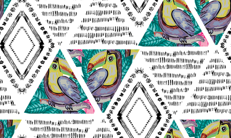 Grunge seamless pattern with toucan birds, design elements. Floral tropical pattern for invitations, cards, print, gift wrap, manufacturing, textile, fabric, wallpapersのイラスト素材