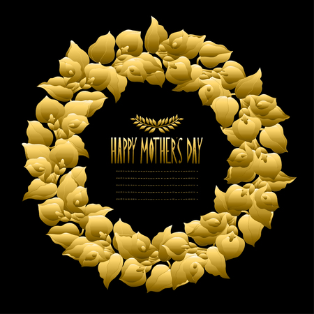 Elegant golden wreath with decorative calla flowers, design element. Can be used for wedding, baby shower, mothers day, valentines day, birthday cards, invitations.のイラスト素材