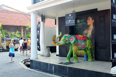 January 3, 2018, Galle, Sri lanka. Colorful elephant in front of shop in Galle, typical sri lankan street view. Popular touristic asian destination. Galle city viewのeditorial素材