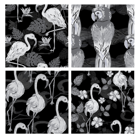 Elegant seamless patterns set with parrots and flamingo birds, design elements. Floral tropical patterns for invitations, cards, print, gift wrap, manufacturing, textile, fabric, wallpapersのイラスト素材