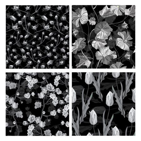 Elegant seamless patterns set with roses, hibiscus and tulip flowers, design elements. Floral  patterns for invitations, cards, print, gift wrap, manufacturing, textile, fabric, wallpapersのイラスト素材