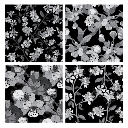 Elegant seamless patterns set with hand drawn decorative cherry blossom flowers, design elements. Floral pattern for wedding invitations, greeting cards, scrapbooking, print, gift wrap, manufacturing.のイラスト素材