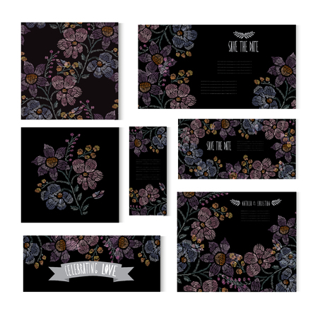 Elegant cards with decorative embroidered flowers, design elements. Can be used for wedding, baby shower, mothers day, valentines day, birthday cards, invitations, greetings. Vintage decorative flowers.のイラスト素材