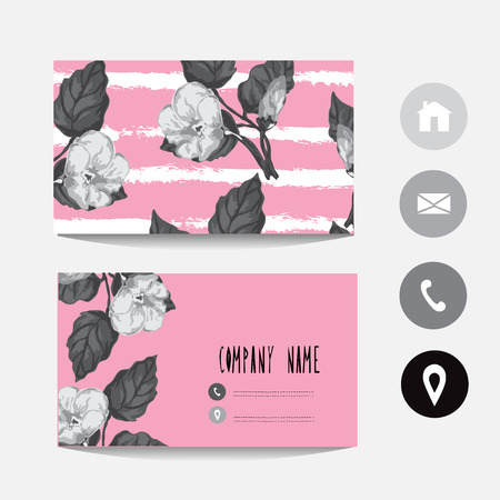 Business card template with  hibiscus flowers, design element. Can be used also for greeting cards, banners, invitations, flyers, posters. Colorful background. Editableのイラスト素材