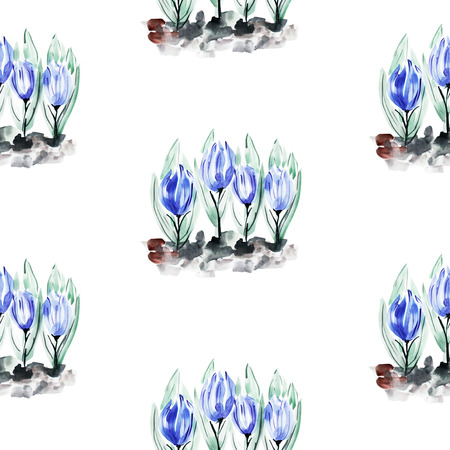 Elegant seamless pattern with watercolor crocus  flowers, design elements. Floral pattern for invitations, greeting cards, scrapbooking, print, gift wrap, manufacturing, textile.の写真素材