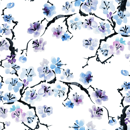 Elegant seamless pattern with watercolor blooming sakura flowers, design elements. Floral pattern for invitations, greeting cards, scrapbooking, print, gift wrap, manufacturing, textile.の写真素材