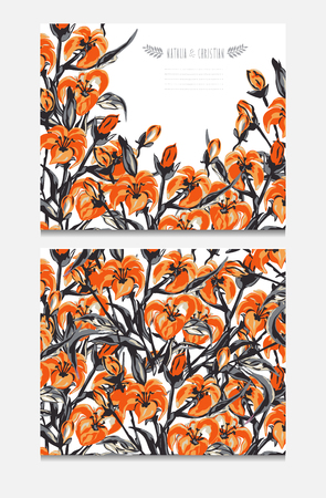 Elegant cards with decorative lily flowers, design elements. Can be used for wedding, baby shower, mothers day, valentines day, birthday cards, invitations, greetings. Vintage decorative flowers.のイラスト素材