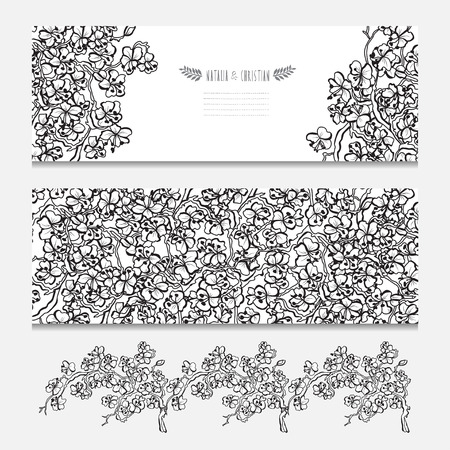 Elegant cards with decorative sakura flowers, design elements. Can be used for wedding, baby shower, mothers day, valentines day, birthday cards, invitations, greetings. Vintage decorative flowers.のイラスト素材