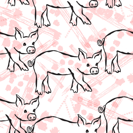 Elegant seamless pattern with hand drawn pig (pork) symbols, design elements. Can be used for invitations, greeting cards, scrapbooking, print, gift wrap, manufacturing. 2019 symbolのイラスト素材