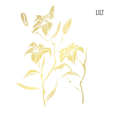 Decorative lily flowers, design elements. Can be used for cards, invitations, banners, posters, print design. Golden flowersのイラスト素材