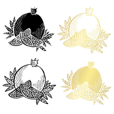 Hand drawn pomegranates, design elements. Can be used for cards, invitations, scrapbooking, print, fabric, manufacturing, food themes. Golden fruitsのイラスト素材