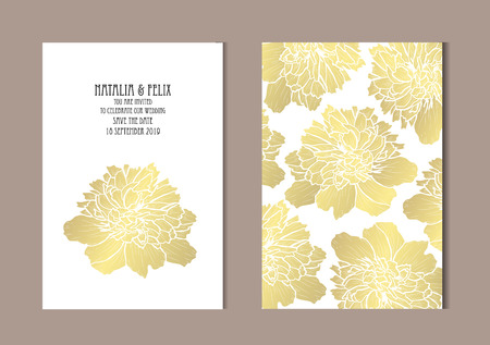 Elegant golden cards with peony flowers, design elements. Can be used for wedding, baby shower, mothers day, valentines day, birthday, rsvp cards, invitations, greetings. Golden template backgroundのイラスト素材