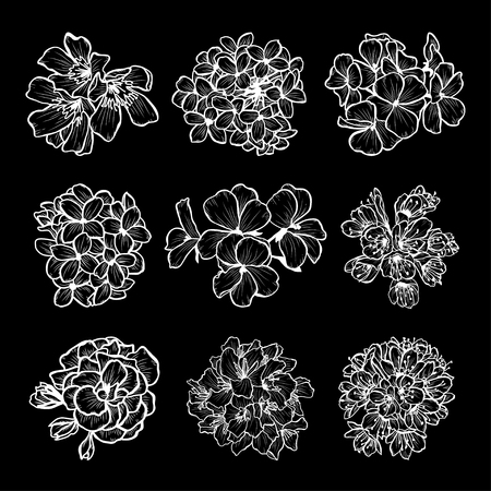 Decorative hand drawn flowers set, design elements. Can be used for cards, invitations, banners, posters, print design. Floral background in line art styleのイラスト素材