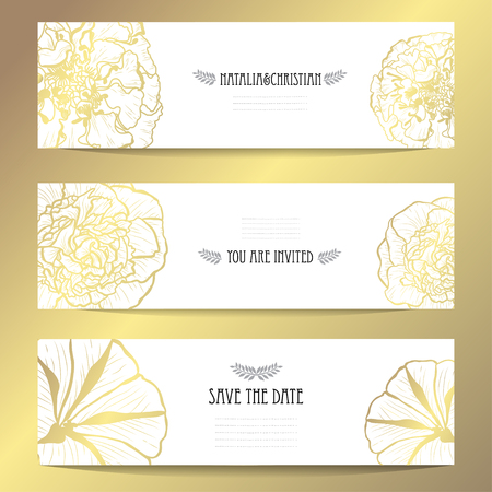 Elegant golden cards with decorative flowers, design elements. Can be used for wedding, baby shower, mothers day, valentines day, birthday, rsvp cards, invitations, greetings. Golden template backgroundのイラスト素材
