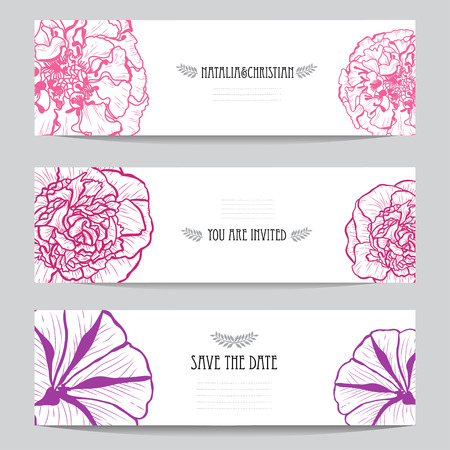 Elegant cards with decorative flowers, design elements. Can be used for wedding, baby shower, mothers day, valentines day, birthday cards, invitations, greetings. Vintage decorative flowers.のイラスト素材