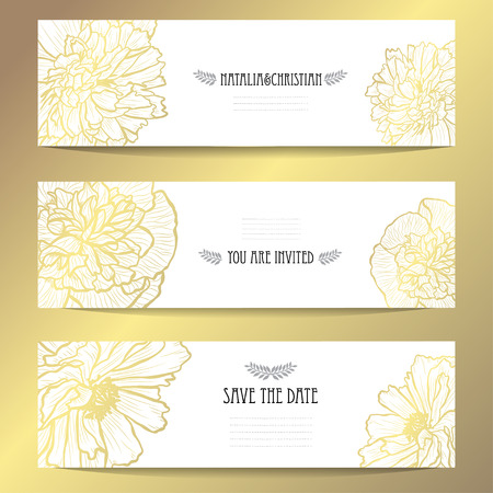Elegant golden cards with decorative flowers, design elements. Can be used for wedding, baby shower, mothers day, valentines day, birthday, rsvp cards, invitations, greetings. Golden template backgroundのイラスト素材