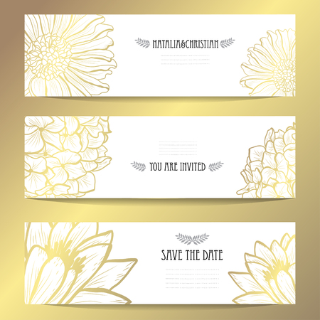 Elegant golden cards with decorative flowers, design elements. Can be used for wedding, baby shower, mothers day, valentines day, birthday, rsvp, invitations, greetings. Golden template backgroundのイラスト素材