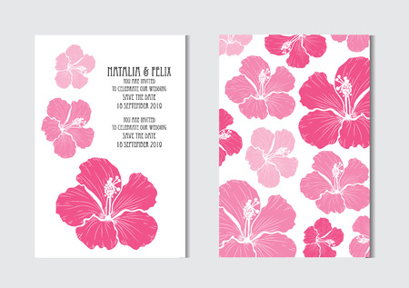 Elegant cards with hibiscus flowers, design elements. Can be used for wedding, baby shower, mothers day, valentines day, birthday cards, invitations, greetings. Vintage decorative flowers.のイラスト素材