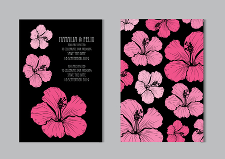 Elegant cards with hibiscus flowers, design elements. Can be used for wedding, baby shower, mothers day, valentines day, birthday cards, invitations, greetings. Vintage decorative flowers.のイラスト素材