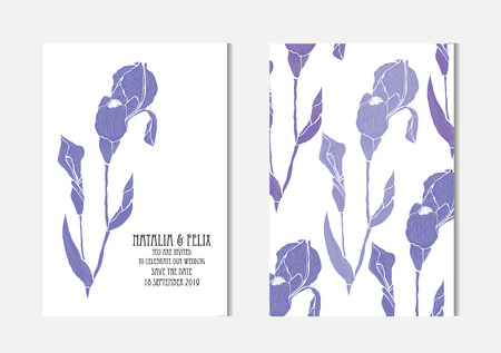 Elegant cards with iris flowers, design elements. Can be used for wedding, baby shower, mothers day, valentines day, birthday cards, invitations, greetings. Vintage decorative flowers.のイラスト素材