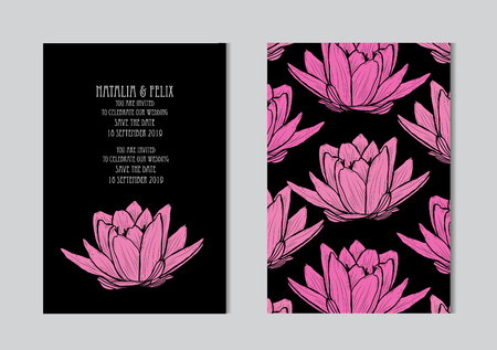 Elegant cards with lotus flowers, design elements. Can be used for wedding, baby shower, mothers day, valentines day, birthday cards, invitations, greetings. Vintage decorative flowers.のイラスト素材