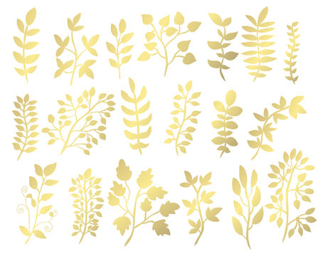 Decorative tree branches with leaves, design elements. Can be used for cards, invitations, banners, posters, print design. Golden leavesのイラスト素材