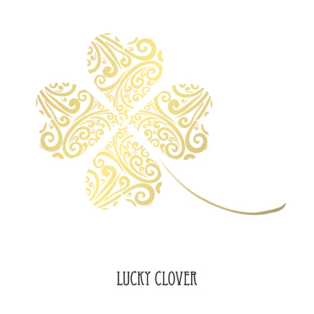 Decorative golden lucky four leaf clovers, design elements. Can be used for cards, invitations, banners, posters, print design. St Patricks day themeのイラスト素材