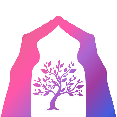 Hand drawn human hands caring tree, nature symbol.  Can be used for ecology, environment, recycling, nature protection cards, banners, flyers, posters. Nature backgroundのイラスト素材